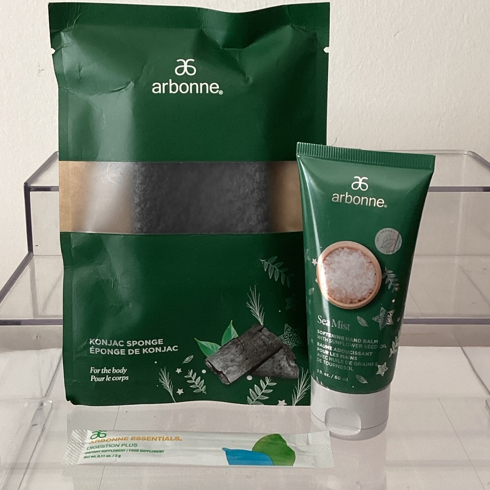 arbonne hand cream, sponge, free gift